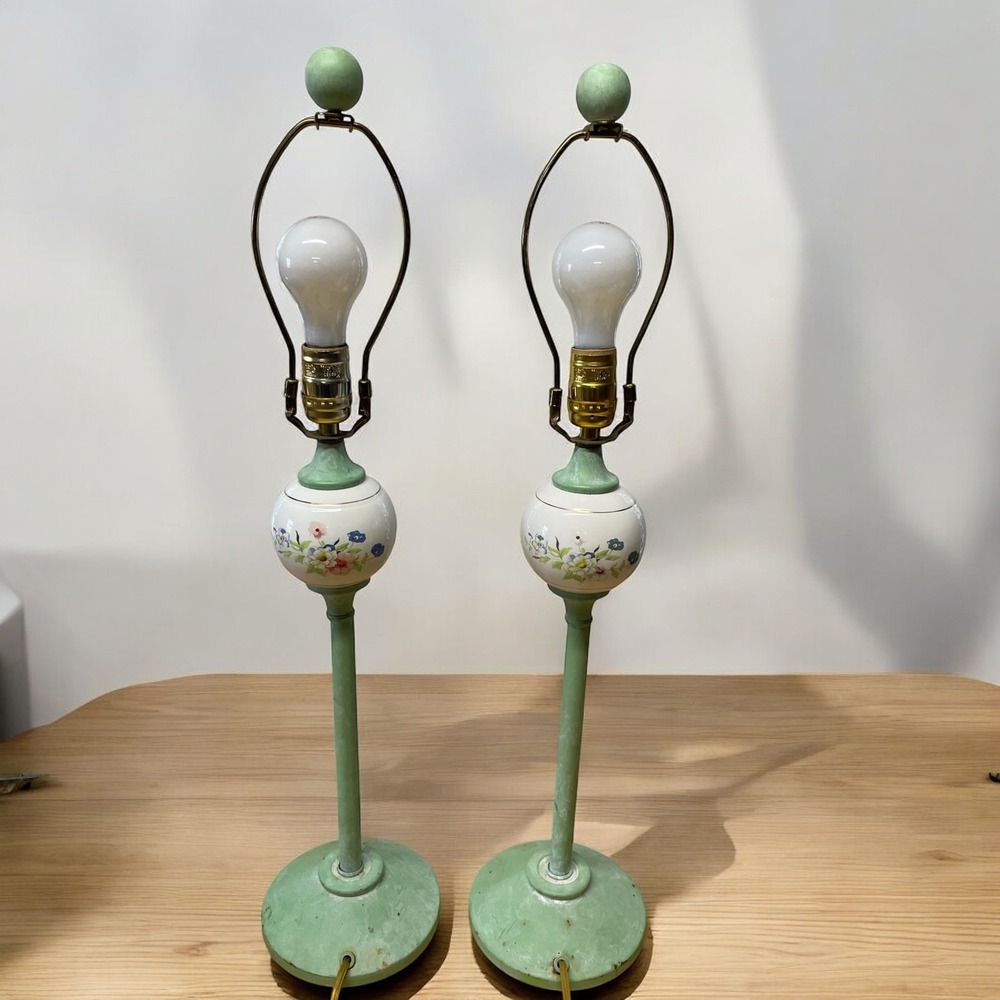 Vintage Pair 26.5" Tall Matching Boudoir Vanity Lamps  Porcelain Ball Metal Base